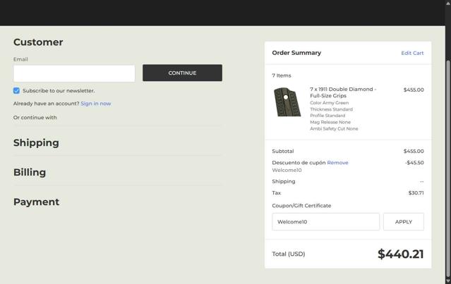 Vz Grips checkout page showing Vz Grips coupon code box | Screenshot taken by SimplyCodes community member on Jul 31, 2025