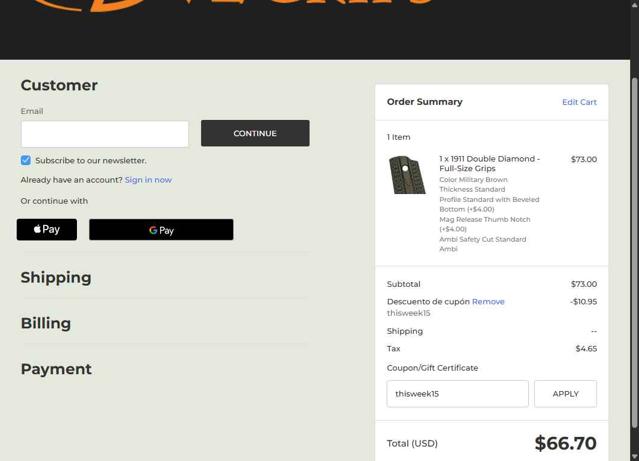 Vz Grips checkout page showing Vz Grips coupon code box | Screenshot taken by SimplyCodes community member on Aug 13, 2025