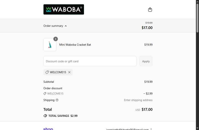 Waboba checkout page showing Waboba promo code box | Screenshot taken by SimplyCodes community member on Aug 31, 2025