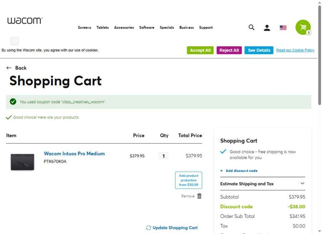 Wacom checkout page showing Wacom discount code box | Screenshot taken by SimplyCodes community member on Aug 8, 2025