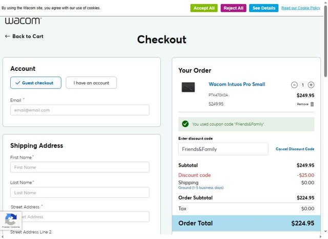 Wacom checkout page showing Wacom discount code box | Screenshot taken by SimplyCodes community member on Aug 30, 2025