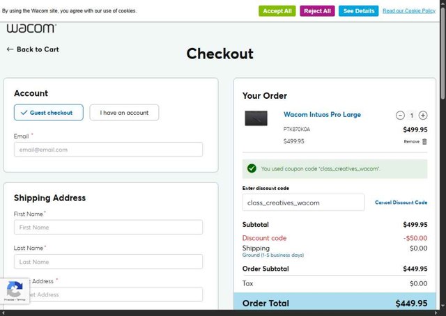 Wacom checkout page showing Wacom discount code box | Screenshot taken by SimplyCodes community member on Aug 30, 2025
