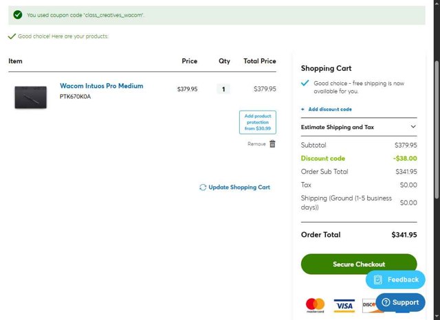 Wacom checkout page showing Wacom discount code box | Screenshot taken by SimplyCodes community member on Aug 22, 2025