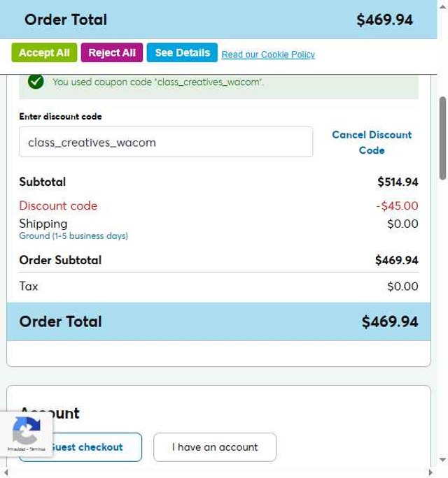Wacom checkout page showing Wacom discount code box | Screenshot taken by SimplyCodes community member on Sep 2, 2025