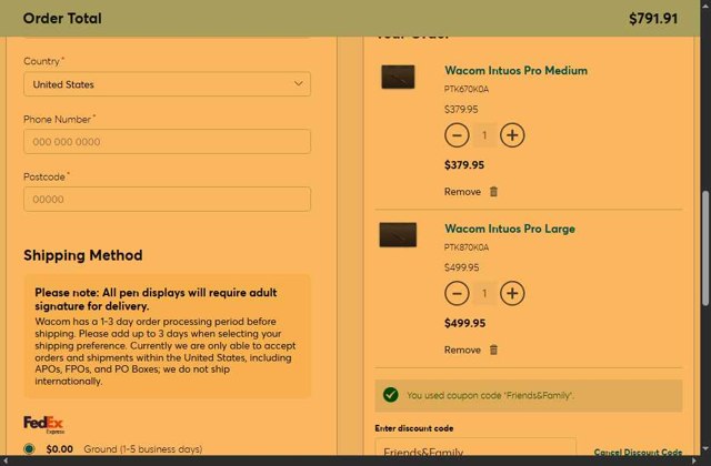 Wacom checkout page showing Wacom discount code box | Screenshot taken by SimplyCodes community member on Aug 20, 2025
