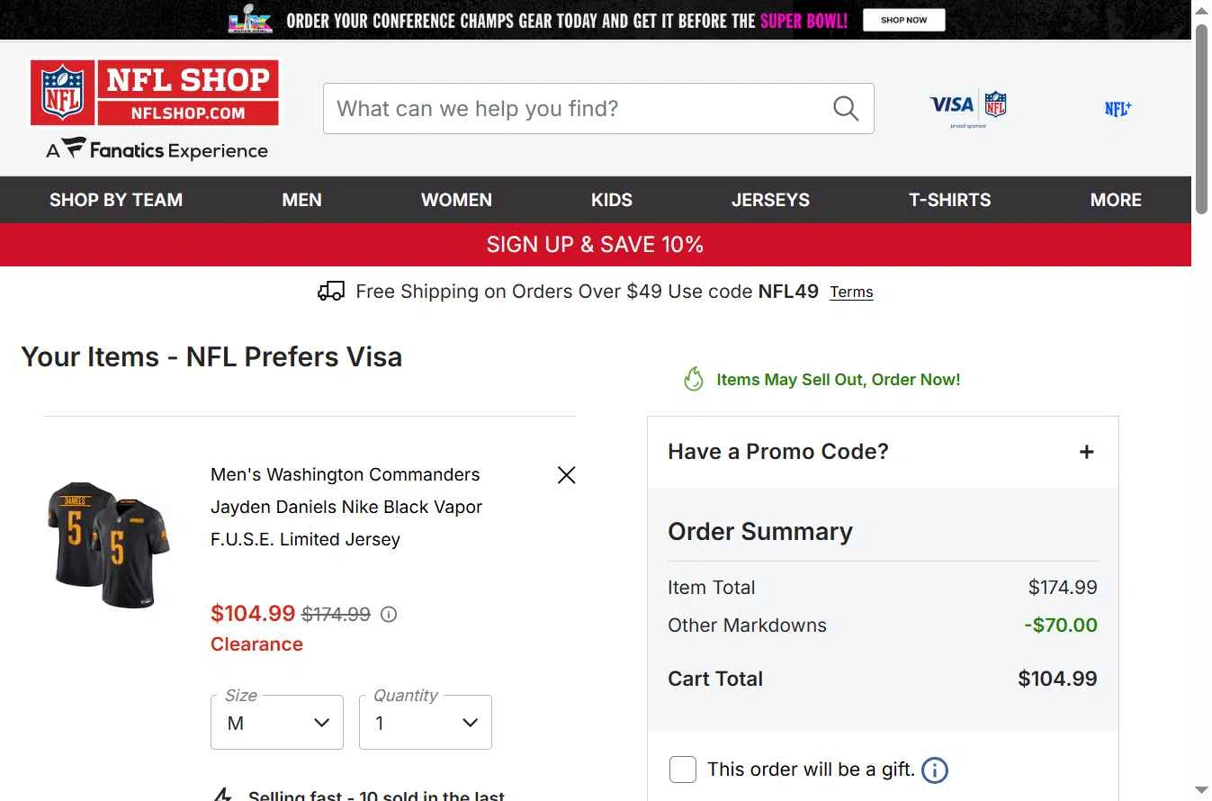 Washington Commanders checkout page showing Washington Commanders promo code box | Screenshot taken by SimplyCodes community member on Jan 29, 2026