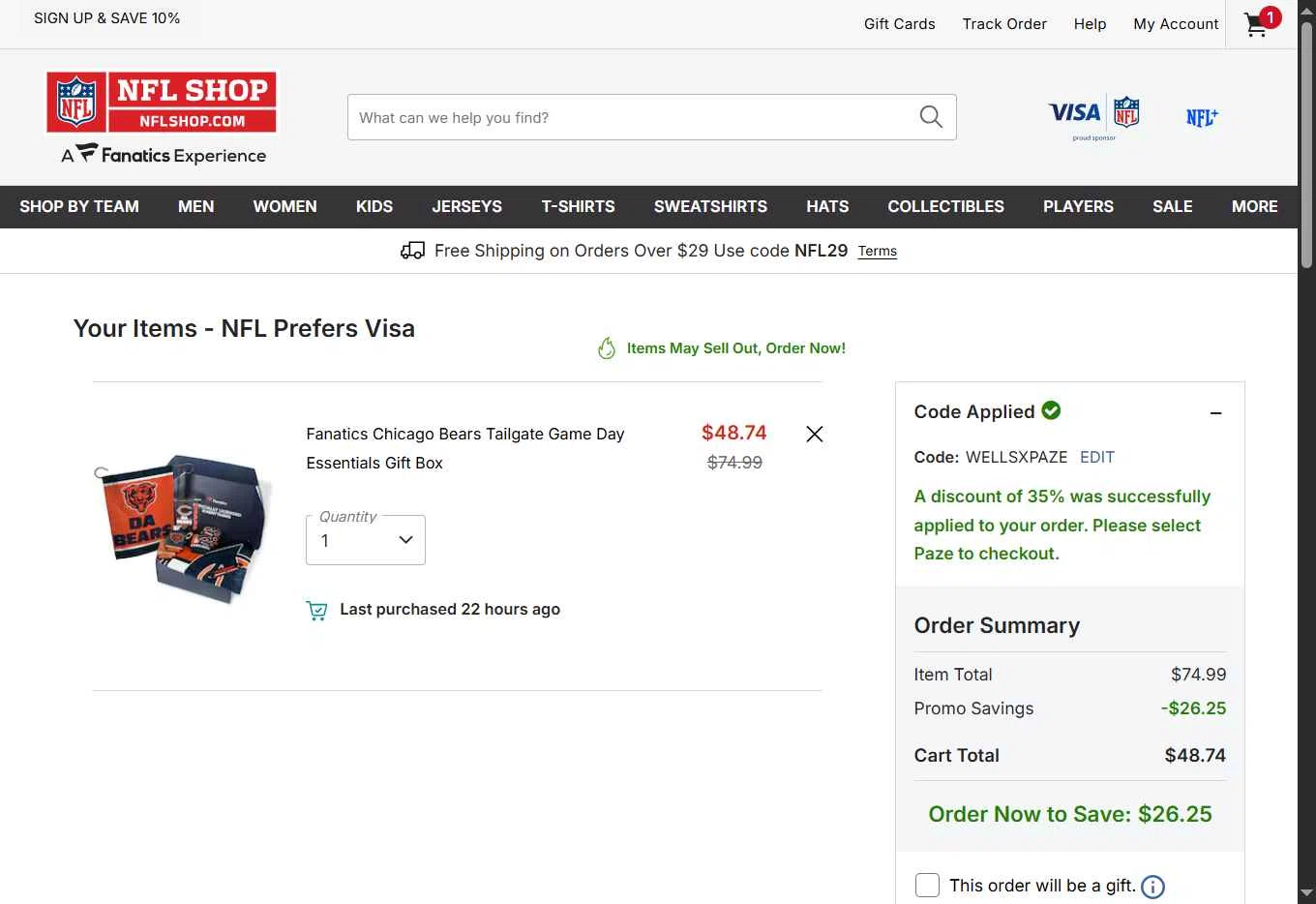Washington Commanders checkout page showing Washington Commanders promo code box | Screenshot taken by SimplyCodes community member on Jan 16, 2026