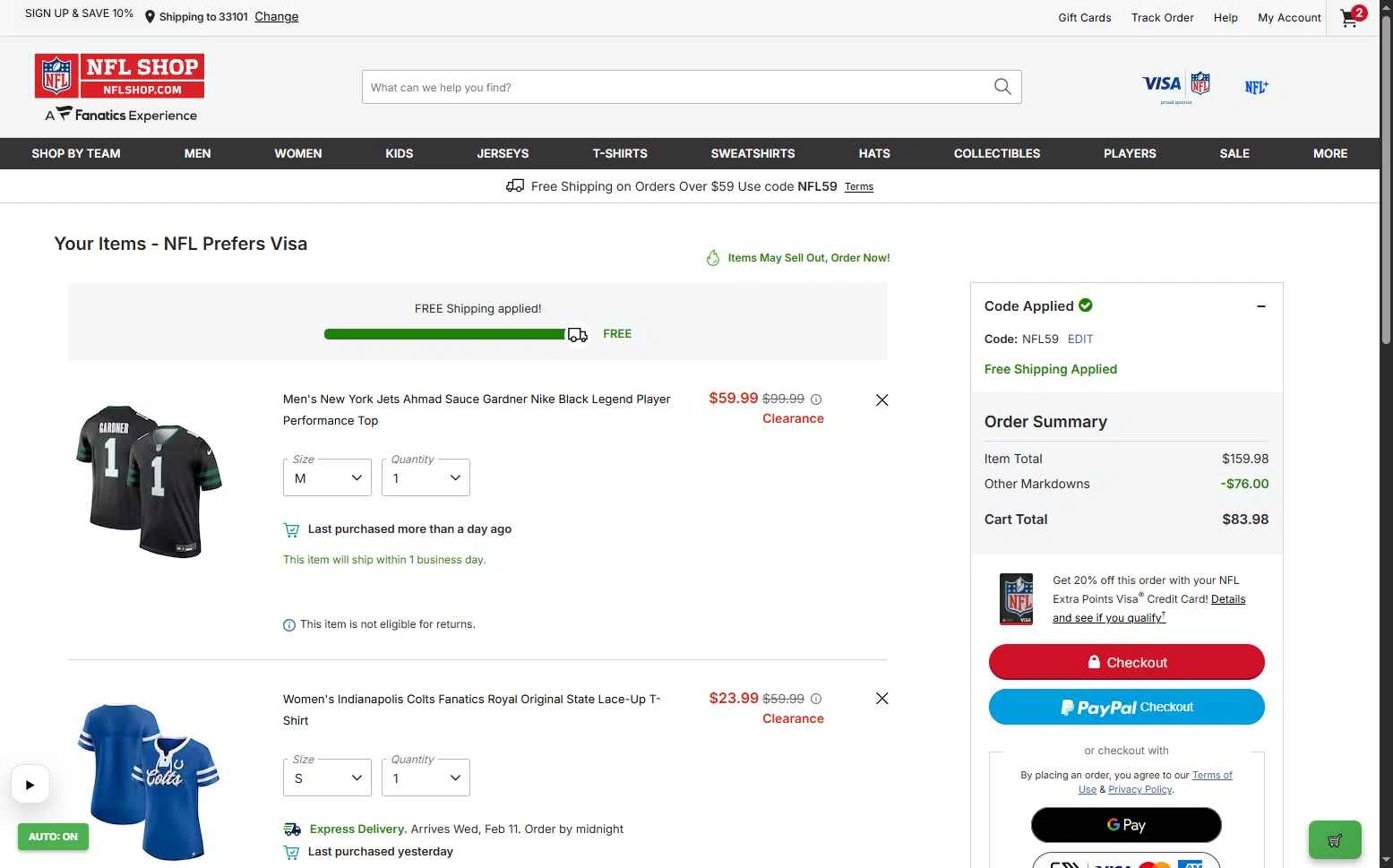 Washington Commanders checkout page showing Washington Commanders promo code box | Screenshot taken by SimplyCodes community member on Feb 8, 2026