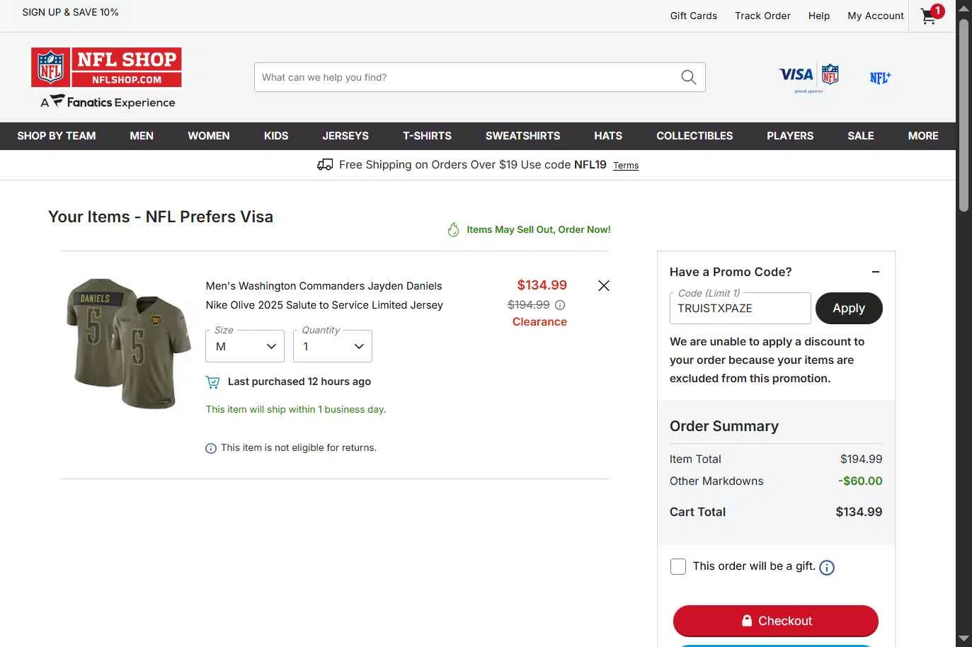 Washington Commanders checkout page showing Washington Commanders promo code box | Screenshot taken by SimplyCodes community member on Jan 8, 2026