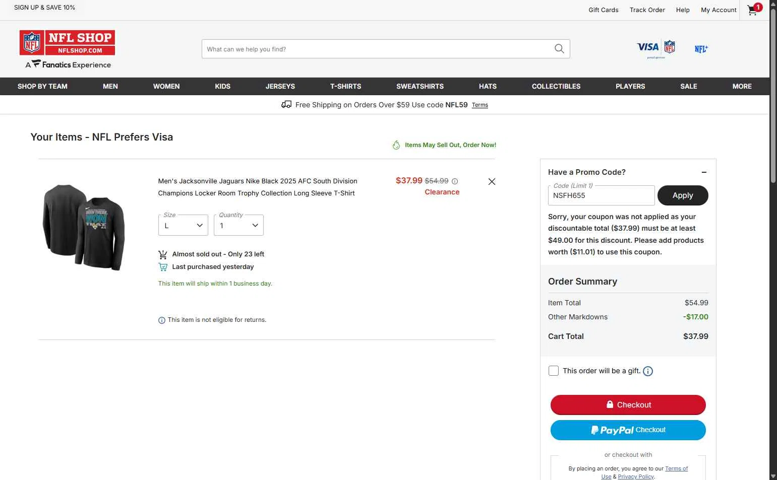 Washington Commanders checkout page showing Washington Commanders promo code box | Screenshot taken by SimplyCodes community member on Feb 8, 2026
