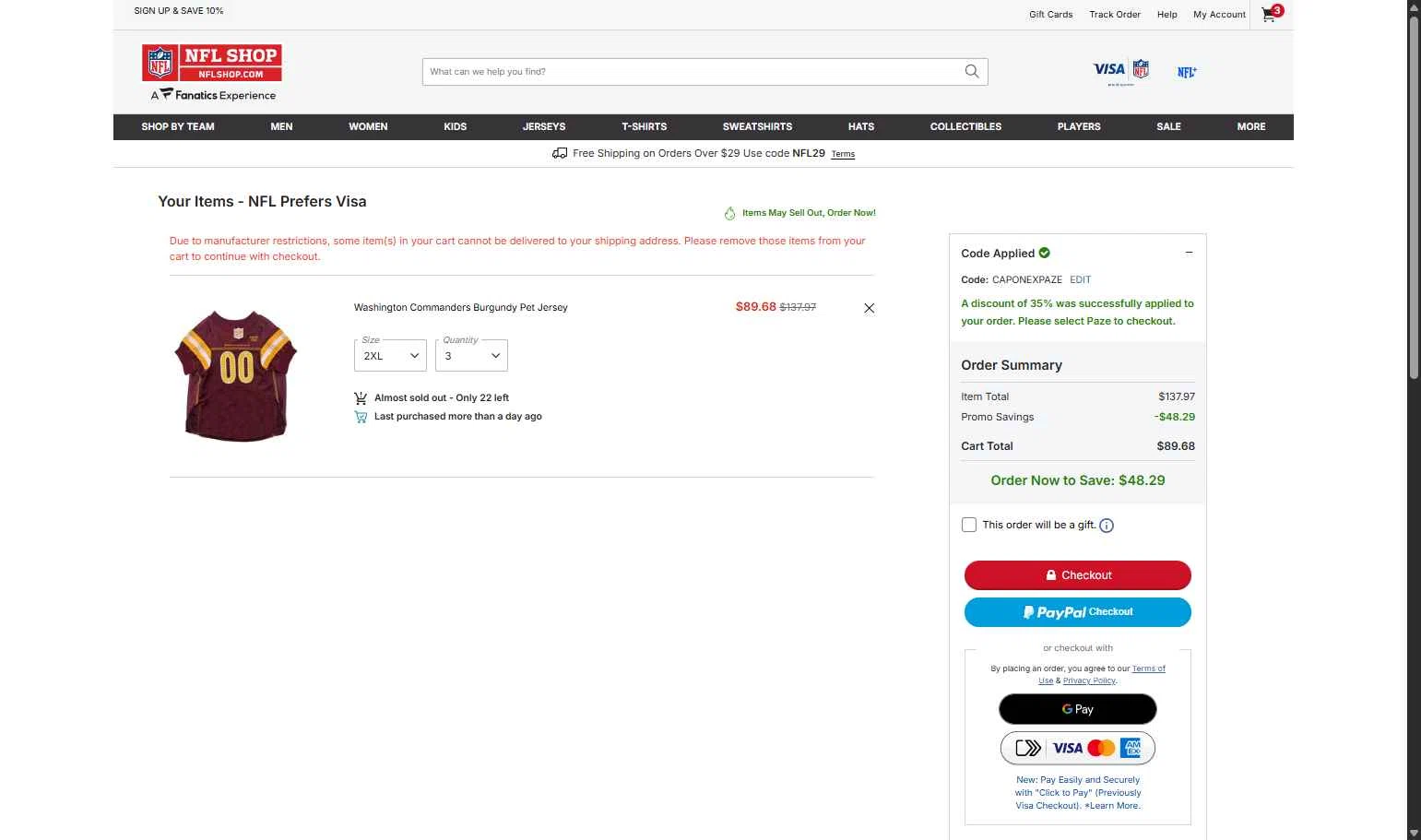 Washington Commanders checkout page showing Washington Commanders promo code box | Screenshot taken by SimplyCodes community member on Jan 24, 2026
