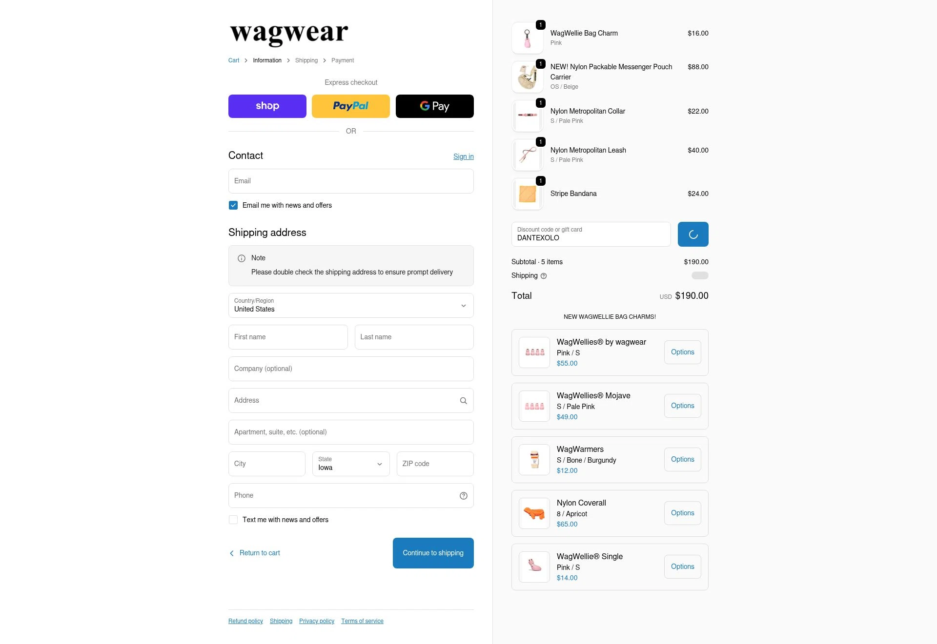 Wag Wear checkout page showing Wag Wear discount code box | Screenshot taken by SimplyCodes community member on Feb 5, 2026