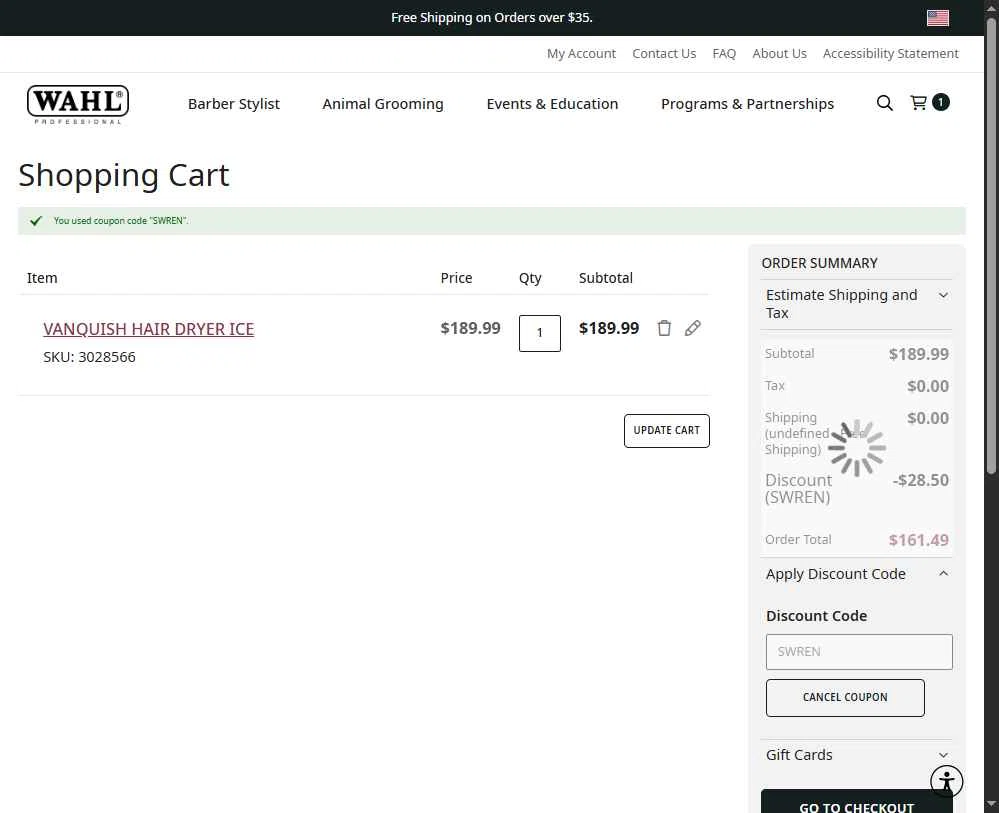 Wahl Professional checkout page showing Wahl Professional promo code box | Screenshot taken by SimplyCodes community member on Feb 19, 2026