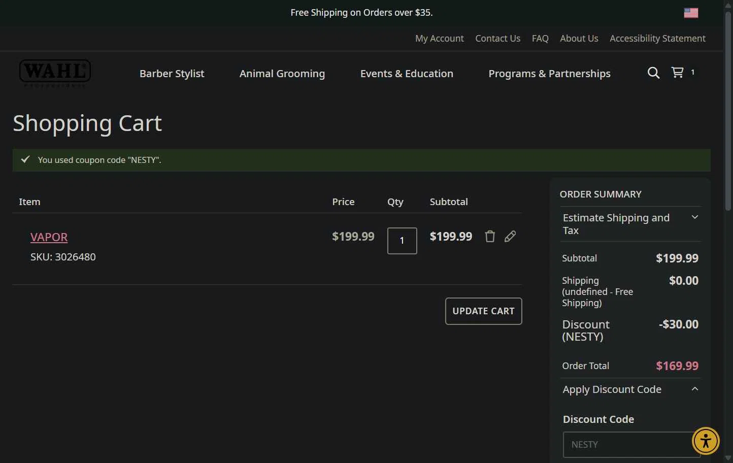 Wahl Professional checkout page showing Wahl Professional promo code box | Screenshot taken by SimplyCodes community member on Feb 11, 2026