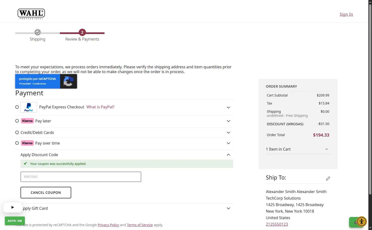 Wahl Professional checkout page showing Wahl Professional promo code box | Screenshot taken by SimplyCodes community member on Feb 17, 2026