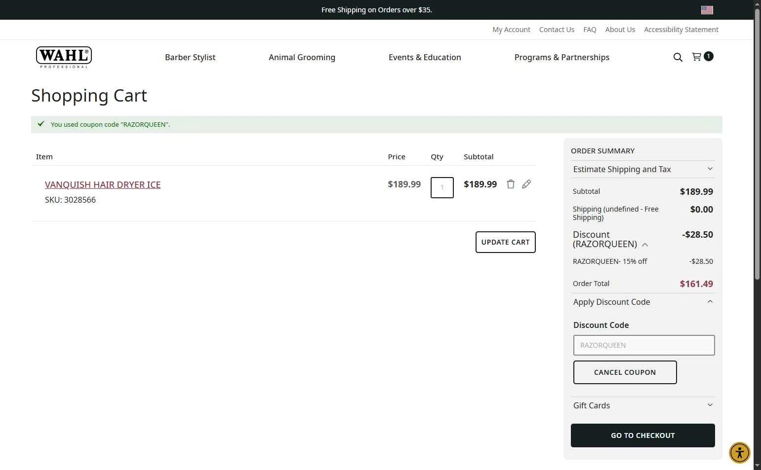 Wahl Professional checkout page showing Wahl Professional promo code box | Screenshot taken by SimplyCodes community member on Feb 9, 2026