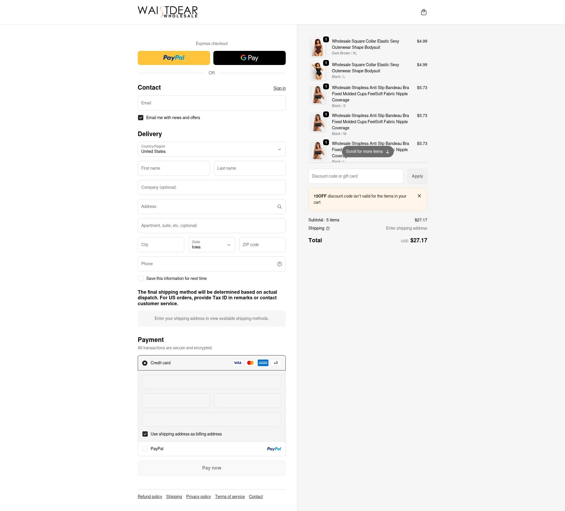 Waist Dear checkout page showing Waist Dear discount code box | Screenshot taken by SimplyCodes community member on Dec 29, 2025