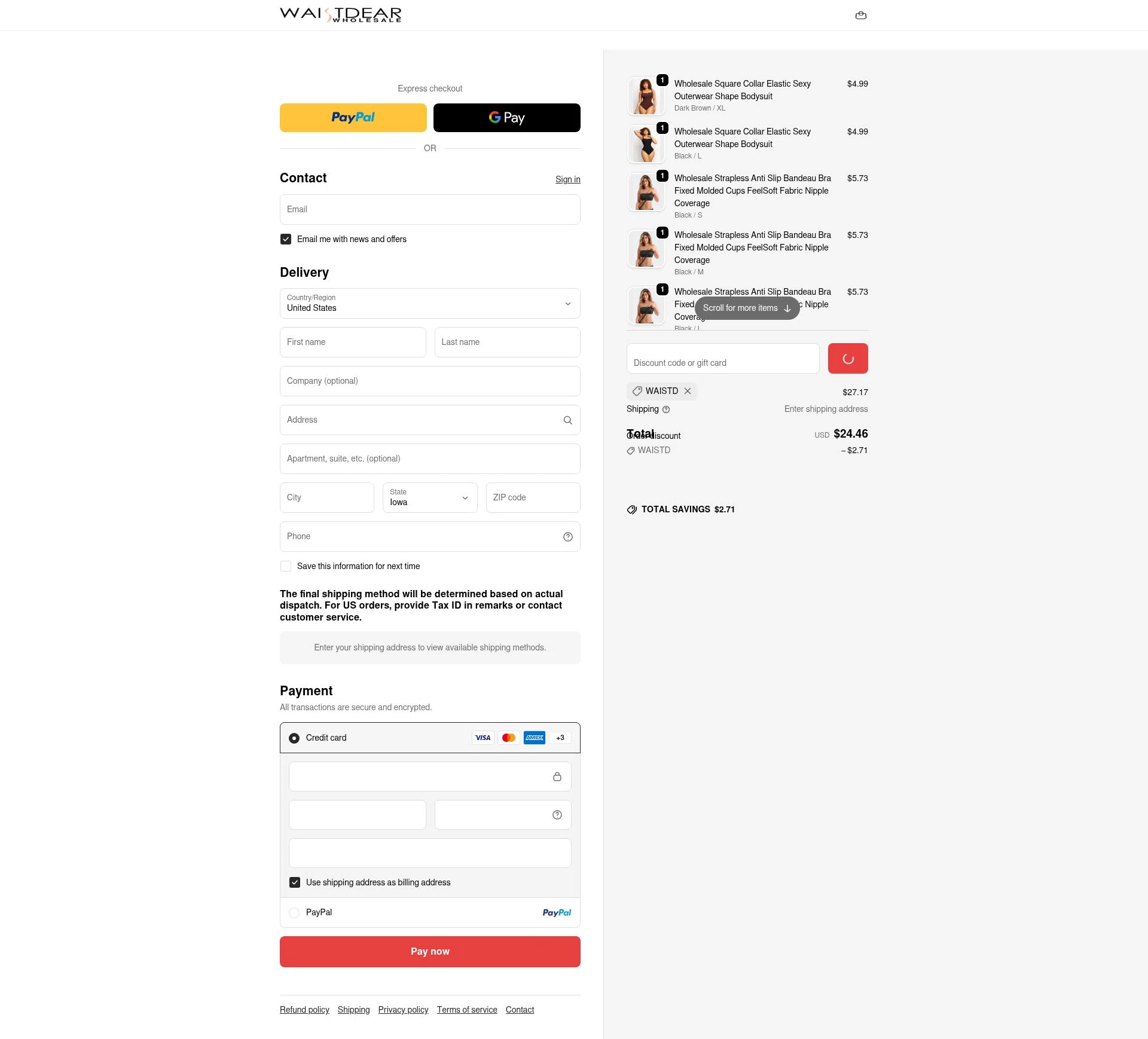 Waist Dear checkout page showing Waist Dear discount code box | Screenshot taken by SimplyCodes community member on Dec 24, 2025