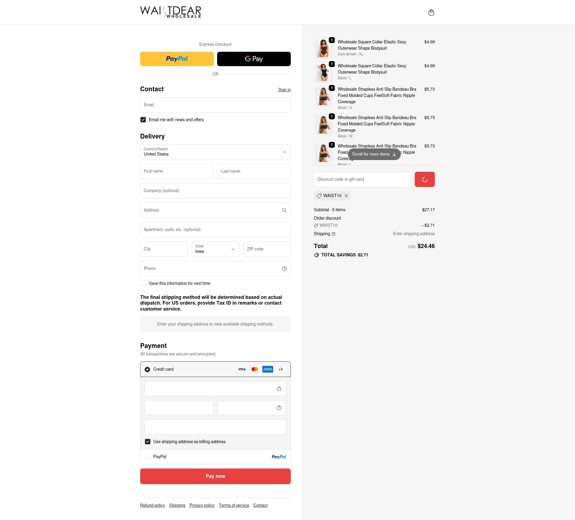 Waist Dear checkout page showing Waist Dear discount code box | Screenshot taken by SimplyCodes community member on Dec 29, 2025