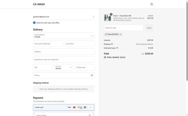 WAKA CA checkout page showing WAKA CA promo code box | Screenshot taken by SimplyCodes community member on Aug 9, 2025