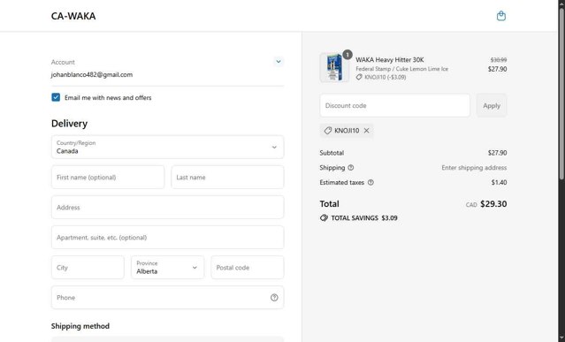 WAKA CA checkout page showing WAKA CA promo code box | Screenshot taken by SimplyCodes community member on Jul 17, 2025