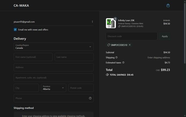 WAKA CA checkout page showing WAKA CA promo code box | Screenshot taken by SimplyCodes community member on Aug 9, 2025