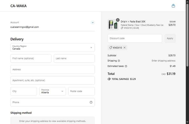 WAKA CA checkout page showing WAKA CA promo code box | Screenshot taken by SimplyCodes community member on Jul 17, 2025