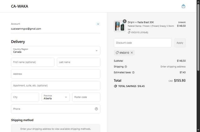 WAKA CA checkout page showing WAKA CA promo code box | Screenshot taken by SimplyCodes community member on Jul 17, 2025