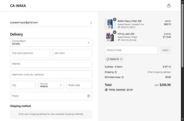 WAKA CA checkout page showing WAKA CA promo code box | Screenshot taken by SimplyCodes community member on Aug 15, 2025
