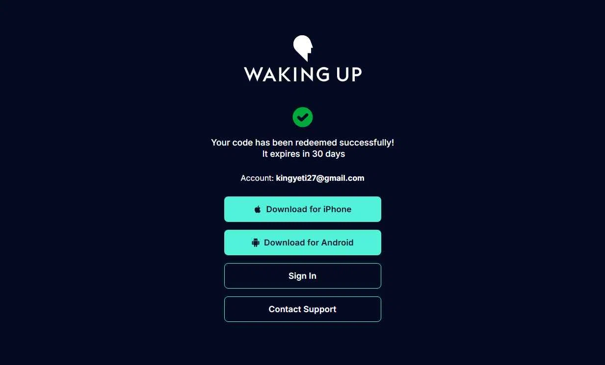 Waking Up checkout page showing Waking Up promo code box | Screenshot taken by SimplyCodes community member on Dec 29, 2025