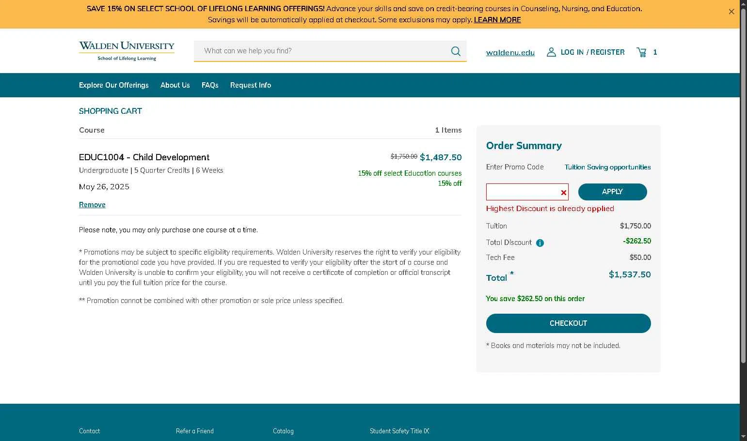 Walden University checkout page showing Walden University promo code box | Screenshot taken by SimplyCodes community member on May 9, 2025
