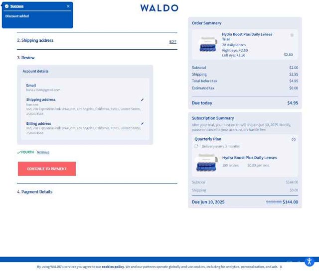 Waldo Daily Contact Lenses checkout page showing Waldo Daily Contact Lenses promo code box | Screenshot taken by SimplyCodes community member on May 29, 2025