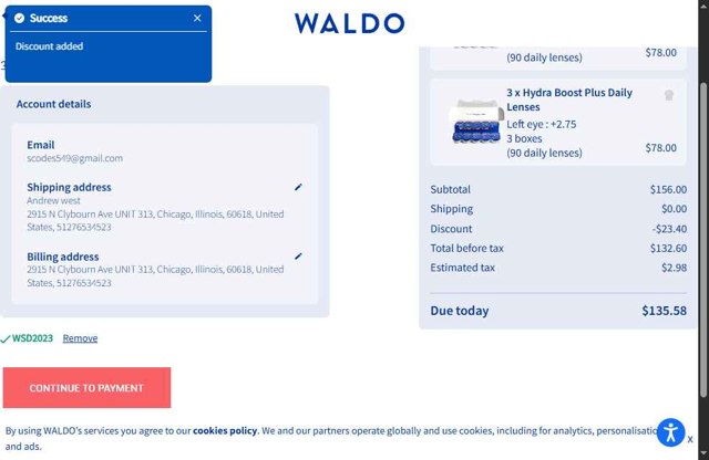 Waldo Daily Contact Lenses checkout page showing Waldo Daily Contact Lenses promo code box | Screenshot taken by SimplyCodes community member on Apr 28, 2025