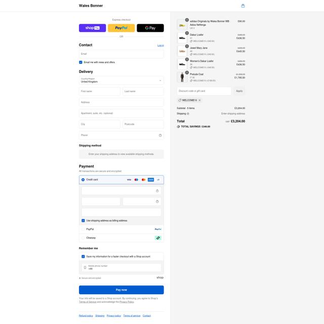 Wales Bonner checkout page showing Wales Bonner discount code box | Screenshot taken by SimplyCodes community member on Aug 24, 2025