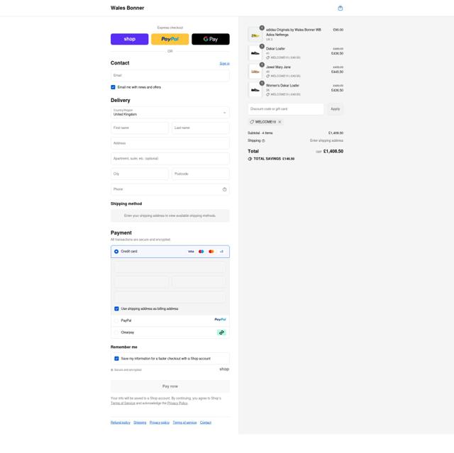 Wales Bonner checkout page showing Wales Bonner discount code box | Screenshot taken by SimplyCodes community member on Sep 10, 2025