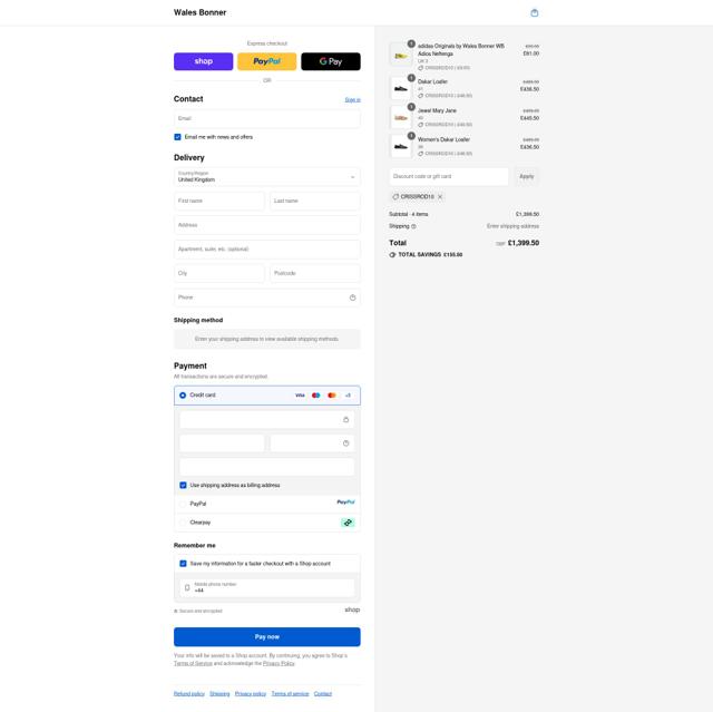 Wales Bonner checkout page showing Wales Bonner discount code box | Screenshot taken by SimplyCodes community member on Sep 10, 2025