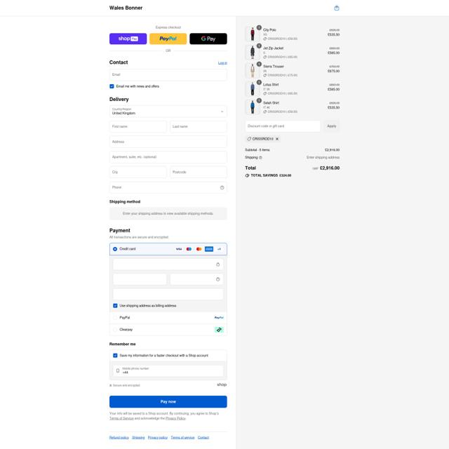 Wales Bonner checkout page showing Wales Bonner discount code box | Screenshot taken by SimplyCodes community member on Aug 20, 2025