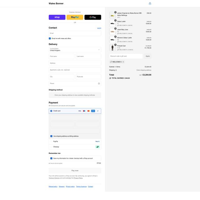 Wales Bonner checkout page showing Wales Bonner discount code box | Screenshot taken by SimplyCodes community member on Aug 28, 2025