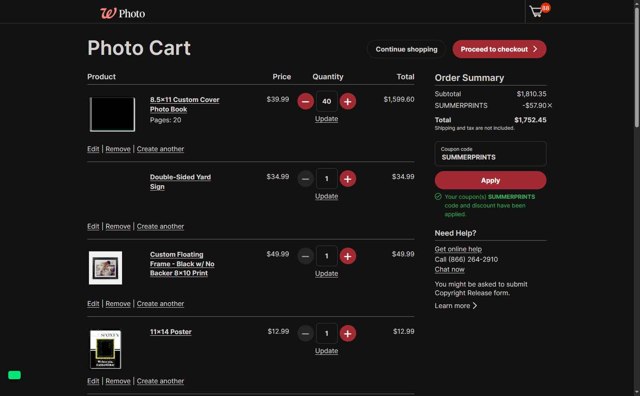Walgreens Photo checkout page showing Walgreens Photo coupon code box | Screenshot taken by SimplyCodes community member on Aug 15, 2025
