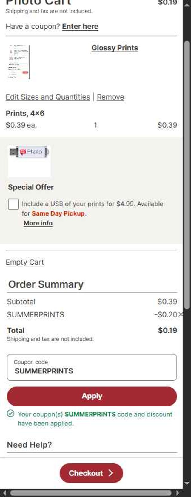 Walgreens Photo checkout page showing Walgreens Photo coupon code box | Screenshot taken by SimplyCodes community member on Aug 27, 2025
