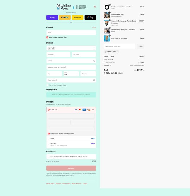 Walkee Paws checkout page showing Walkee Paws discount code box | Screenshot taken by SimplyCodes community member on Sep 3, 2025