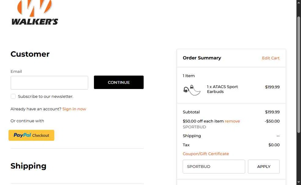 Walker's Game Ear checkout page showing Walker's Game Ear coupon code box | Screenshot taken by SimplyCodes community member on Jul 29, 2025