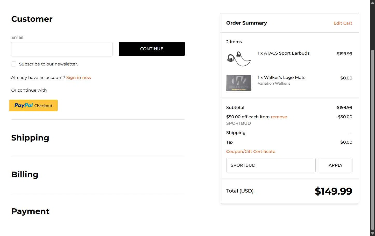 Walker's Game Ear checkout page showing Walker's Game Ear coupon code box | Screenshot taken by SimplyCodes community member on Sep 22, 2025