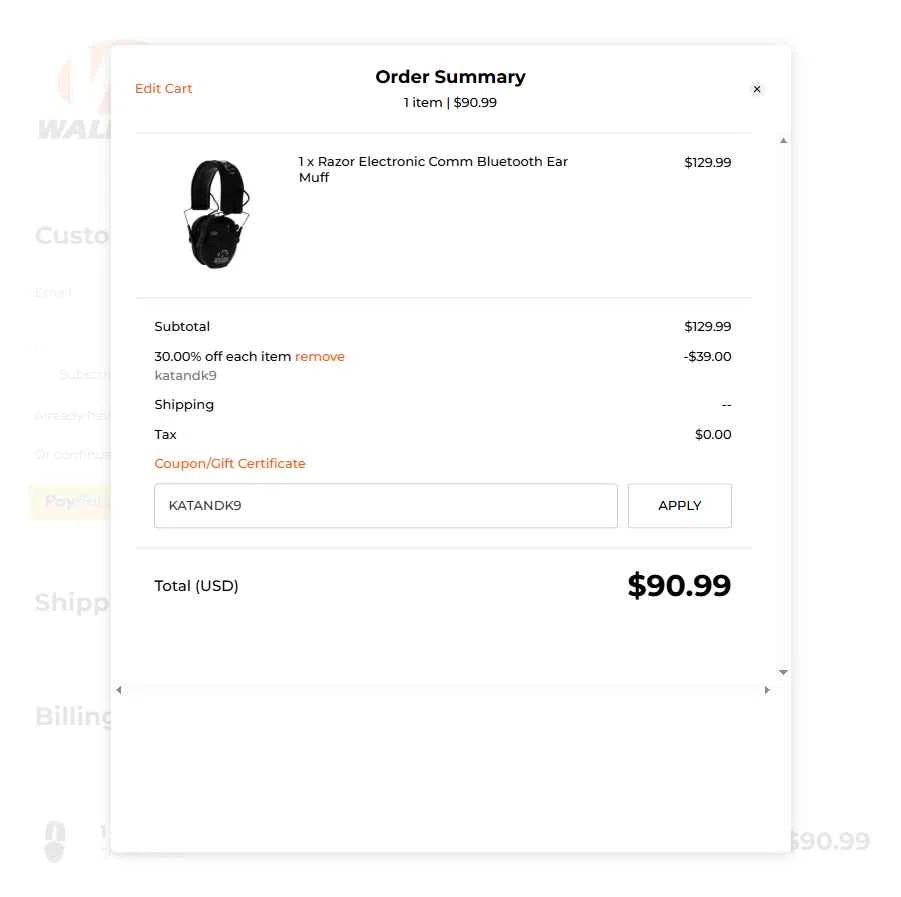 Walker's Game Ear checkout page showing Walker's Game Ear coupon code box | Screenshot taken by SimplyCodes community member on Aug 14, 2025