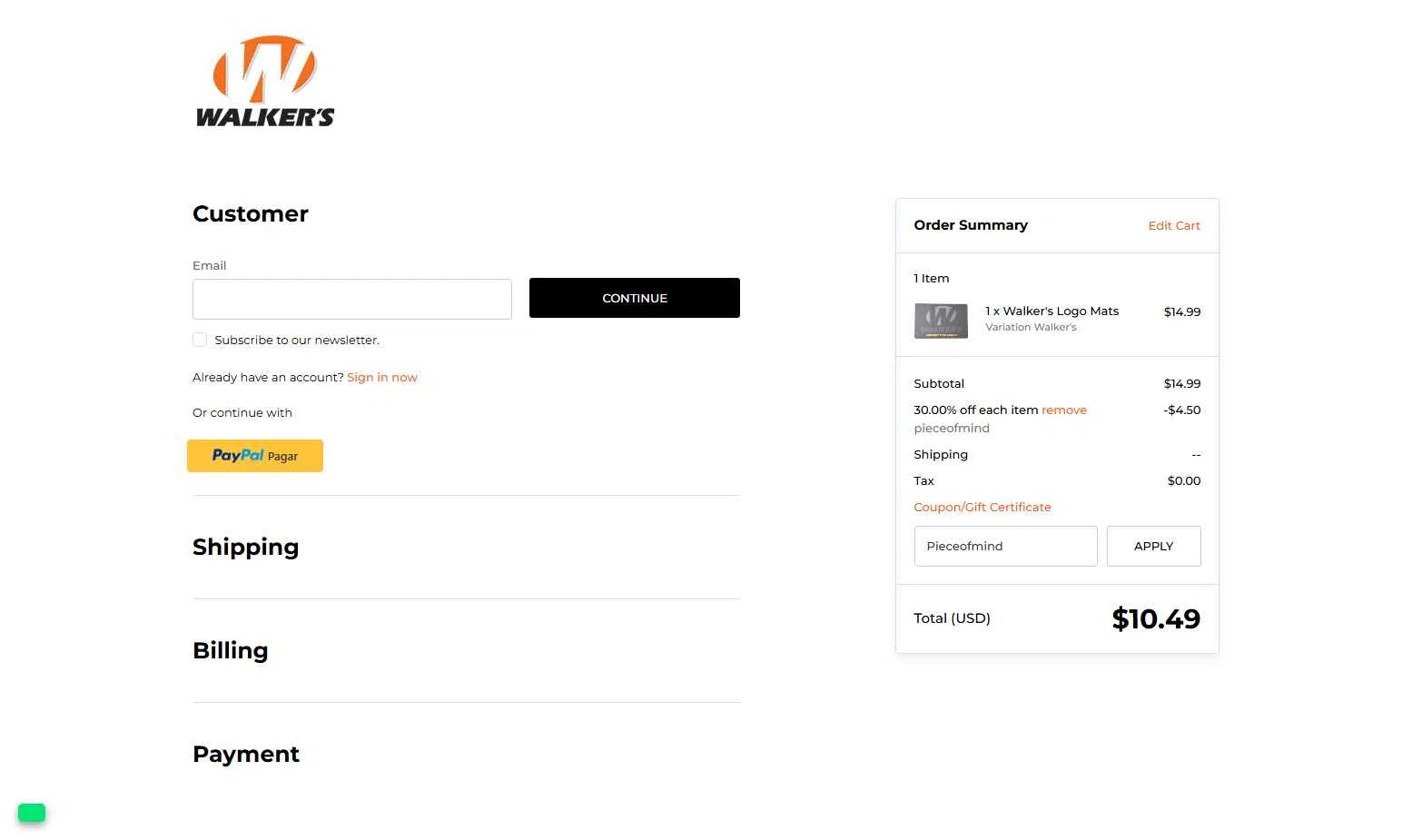 Walker's Game Ear checkout page showing Walker's Game Ear coupon code box | Screenshot taken by SimplyCodes community member on Sep 6, 2025