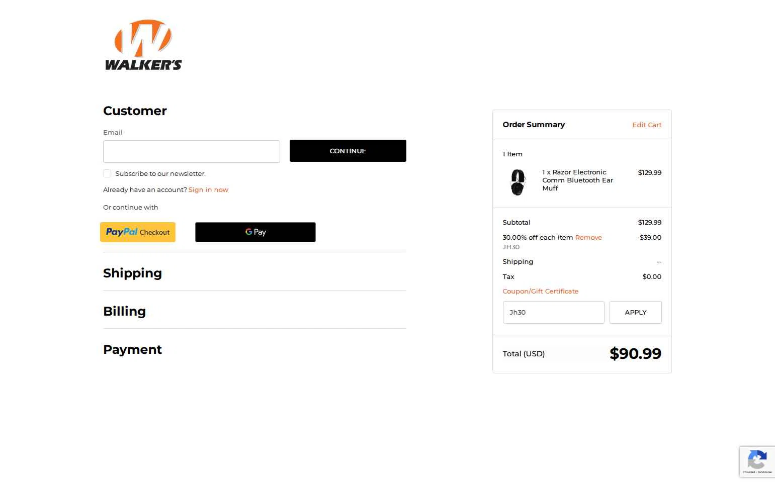 Walker's Game Ear checkout page showing Walker's Game Ear coupon code box | Screenshot taken by SimplyCodes community member on Nov 6, 2025