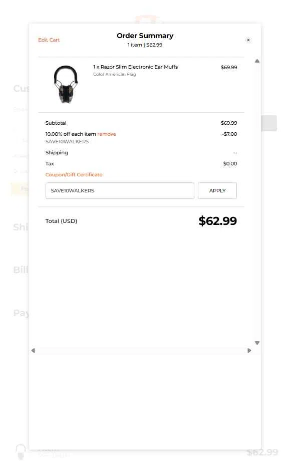Walker's Game Ear checkout page showing Walker's Game Ear coupon code box | Screenshot taken by SimplyCodes community member on Jul 28, 2025