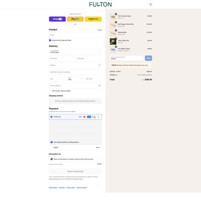 Fulton checkout page showing Fulton discount code box | Screenshot taken by SimplyCodes community member on Aug 20, 2025