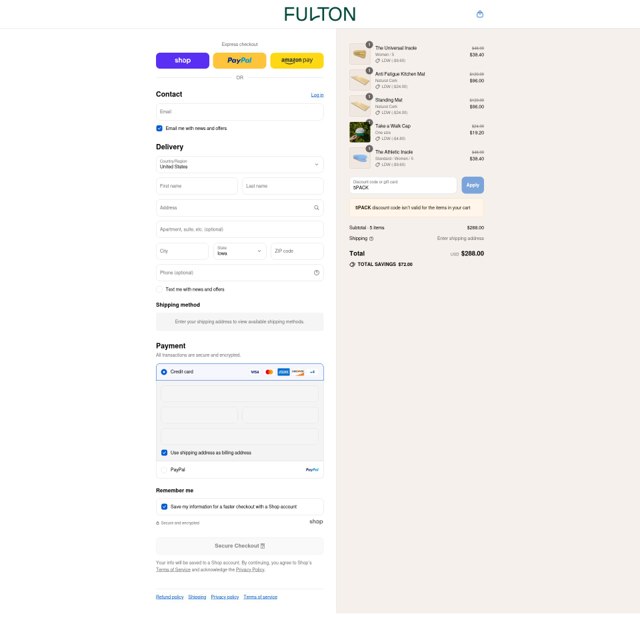 Fulton checkout page showing Fulton discount code box | Screenshot taken by SimplyCodes community member on Aug 29, 2025