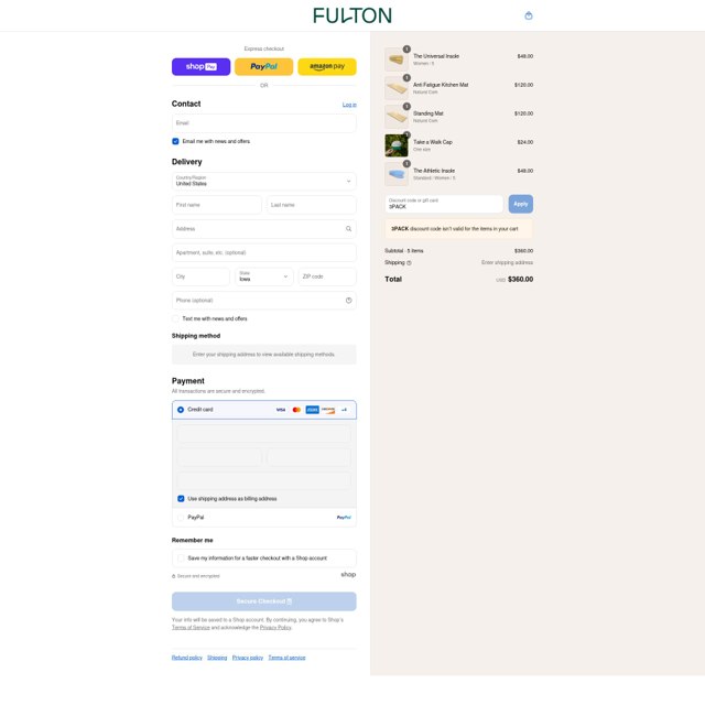 Fulton checkout page showing Fulton discount code box | Screenshot taken by SimplyCodes community member on Aug 25, 2025